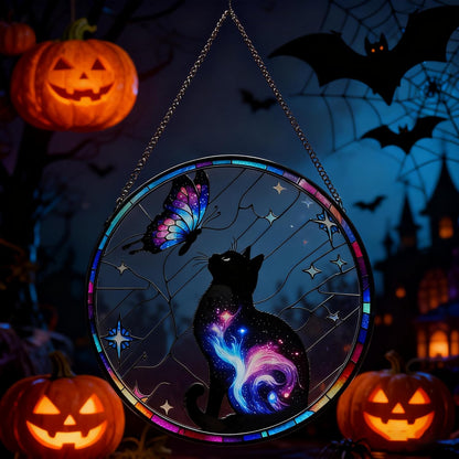 Black Cat Stained Glass Window Hanging, 9.8'' Black Cat & Butterfly with Nebula Design Suncatcher Indoor Outdoor Home Decor for Cats Lovers, Gift for Halloween