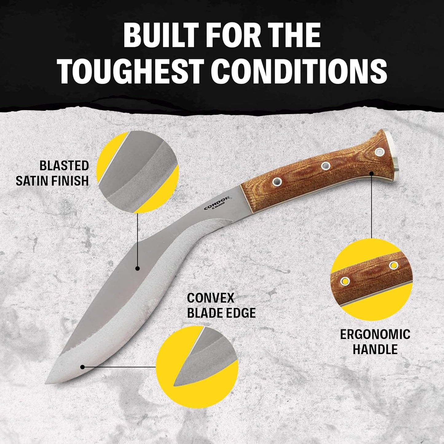 Condor Tool & Knife K-tact Kukri Knife Desert | Gardening Machete | Micarta Handle | Kydex with Leather Belt Loop Sheath | Convex Grind | 6mm Thick | 10in Blade | 32.4oz