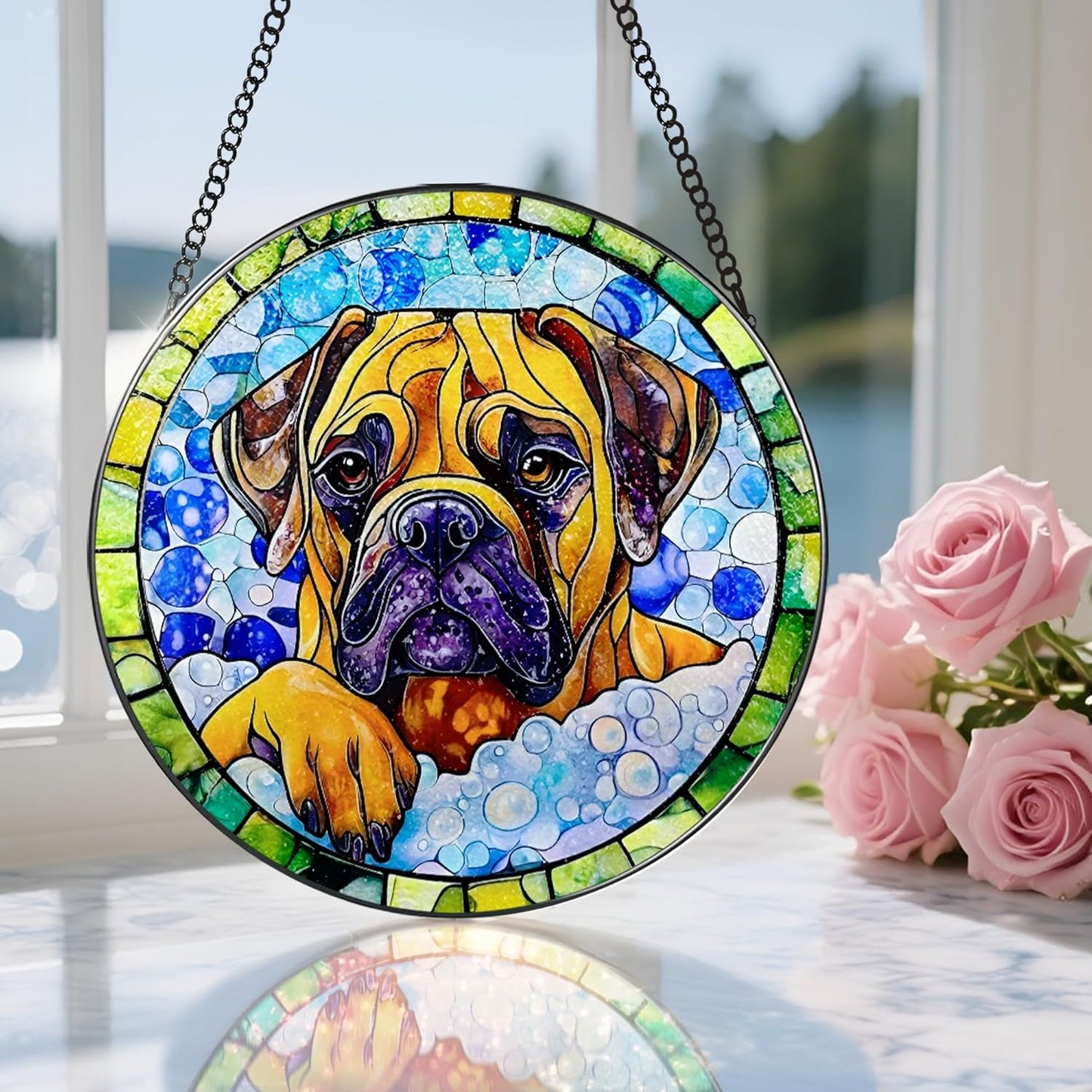 8″ Stained Glass Window Hanging Ornament, Bullmastiff Dog Stained Glass Suncatcher Ornament, Sun-Catcher Window Decor | Pet Lover Gifts, Gifts for Dog Lovers
