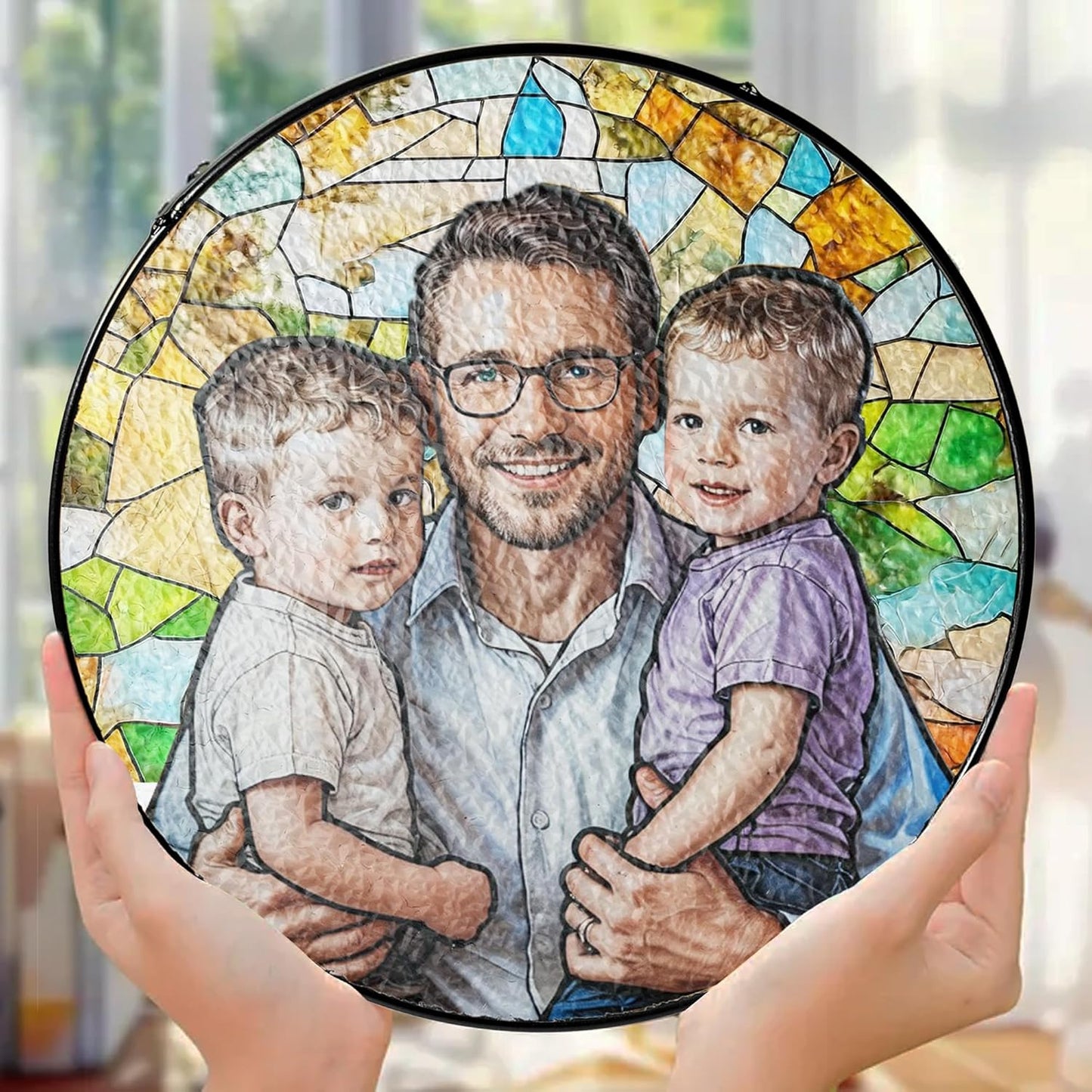 LOVELYPOD Personalized Dad Stained Glass Sun Catcher, Photo Family Portrait Faux Window Hanging Ornament, Custom Photo Gift for Dad from Son Daughter, Grandpa Gifts