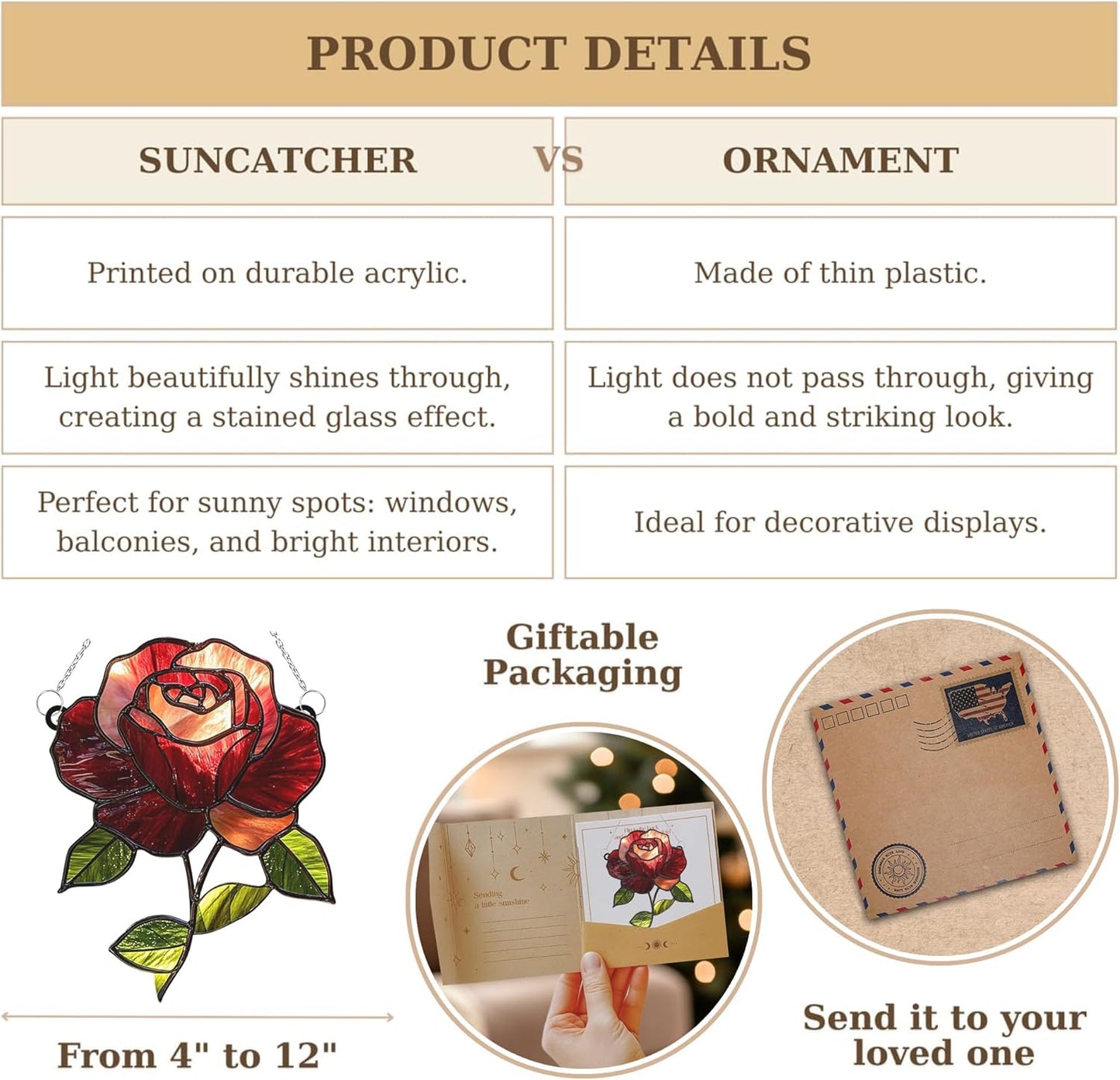 Crimson Rose Flower Acrylic Suncatcher Stained Glass Effect Window Car Hanging Christmas Ornament Indoor Outdoor Decor Garden Sun Catcher Panel for Flowers Lover for Women Mom Grandma