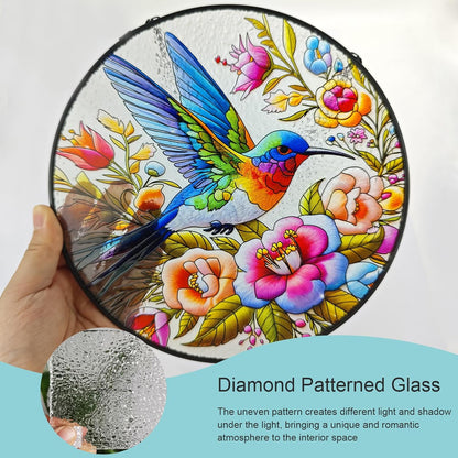 Hummingbird Suncatcher Stained Glass Window Hanging Original Design of 7.8''Hummingbirds Flowers for Sun Catchers Indoor Window Wall Art Home Decor Gift Painted Glass Panel