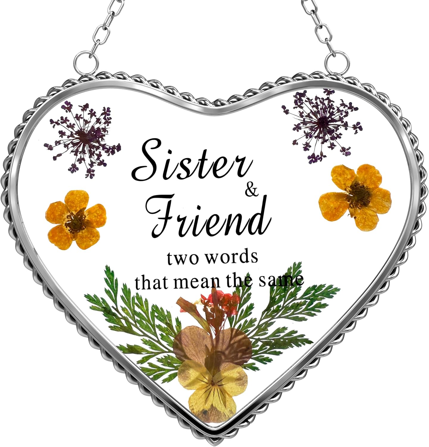 KY&BOSAM Stained Glass Sister Heart Suncatcher Window Hanging Decor with Pressed Real Flower for Sister Birthday Mother's Day