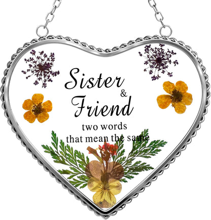 KY&BOSAM Stained Glass Sister Heart Suncatcher Window Hanging Decor with Pressed Real Flower for Sister Birthday Mother's Day