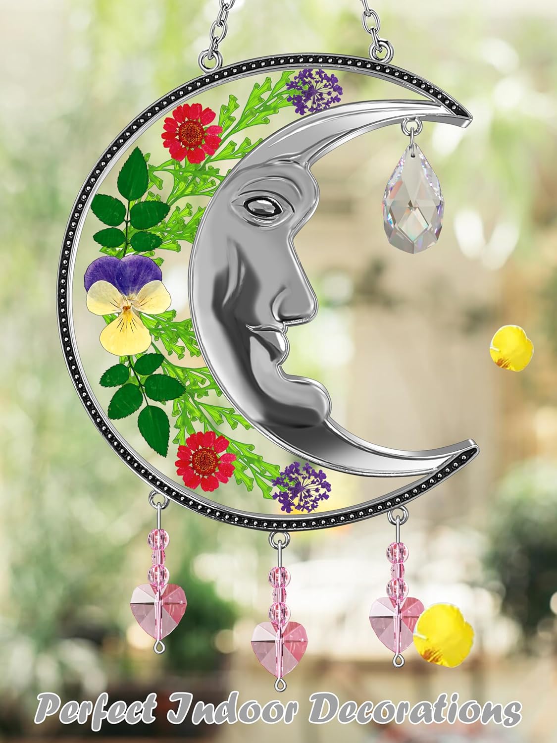 KY&BOSAM Moon Suncatchers Crystal Sun Face Gifts for Mom Family Friends Stained Glass for Windows Wind Chimes Real Flower Colorful Crystal Outdoor for Garden Indoor Home Trees Patio Yard Porch Decor