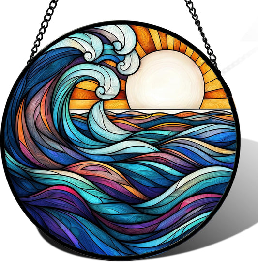 Stained Glass Window Hanging, Big Wave Sun Suncatcher Diamond Glass Panel Hangings Abstract Sun