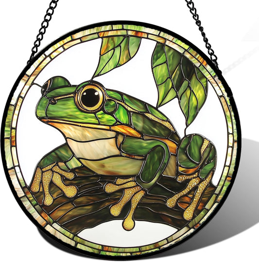 Stained Glass Window Hanging, Frog Green Leaf Sun Catchers Colorful Glass Panel Cool Suncatcher
