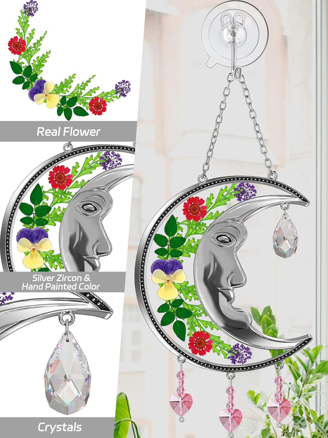 KY&BOSAM Moon Suncatchers Crystal Sun Face Gifts for Mom Family Friends Stained Glass for Windows Wind Chimes Real Flower Colorful Crystal Outdoor for Garden Indoor Home Trees Patio Yard Porch Decor