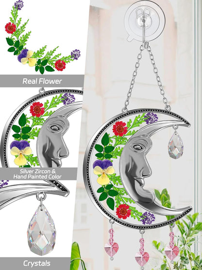 KY&BOSAM Moon Suncatchers Crystal Sun Face Gifts for Mom Family Friends Stained Glass for Windows Wind Chimes Real Flower Colorful Crystal Outdoor for Garden Indoor Home Trees Patio Yard Porch Decor