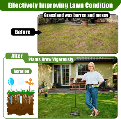 Manual Aerator Lawn Tool with Spring Base and 14 Steel Spike,Automatic Dirt and Leaf Clean,Grass Aerator for Loosening Soil in Yard, Gardan, Patio, Pre-Assembled Lawn Aerator Installation Kit