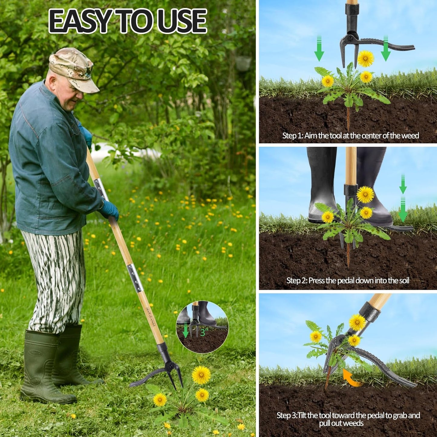 Weeder - Stand Up Weed Puller Tool with Long Handle - Real Bamboo & 4-Claw Steel Head Weeder Tool, Weeding Tool Weed Remove Tool for Lawn/Yard, Easily Remove Weeds Without Kneeling