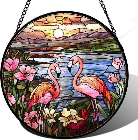 Stained Glass Window Hanging - Flamingo Wildflowers Landscape Suncatcher for Door Terrace Garden