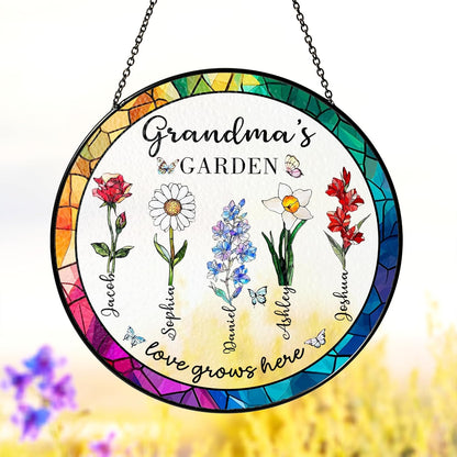 LOVELYPOD Custom Grandma Birth Flowers Stained Glass Window Sun Catcher, Grandmas Garden Sun Catcher, Birthday, Personalized Window Hanging Ornament, Mom