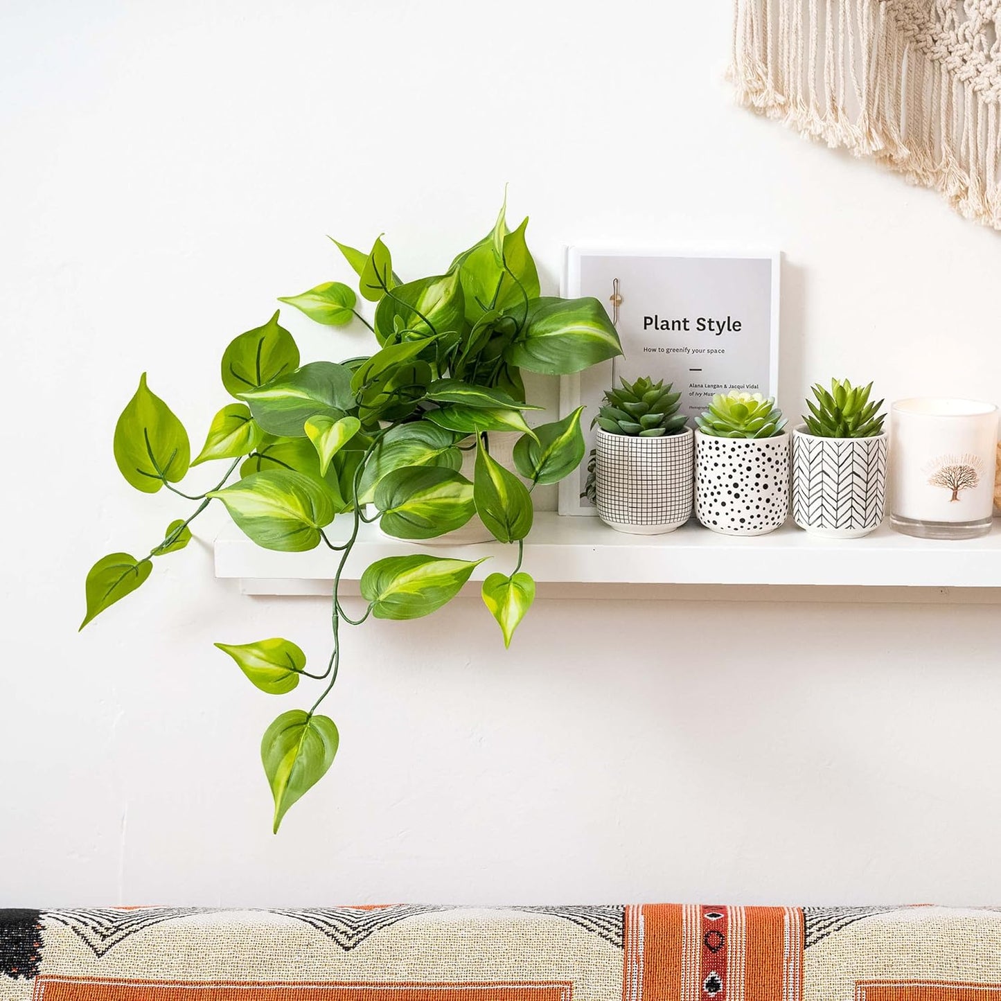 Kurrajong Farmhouse Dark Green Fake pothos | Fake Plant for Shelf Decor | Artificial Trailing Ivy Plant with 5" Wide x 3.5" high Ceramic Pot Faux pothos Plant for Floating Shelves