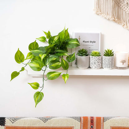 Kurrajong Farmhouse Dark Green Fake pothos | Fake Plant for Shelf Decor | Artificial Trailing Ivy Plant with 5" Wide x 3.5" high Ceramic Pot Faux pothos Plant for Floating Shelves