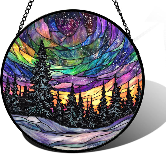Stained Glass Window Hanging, Van Gogh Night Scene Sun Catchers Colorful Glass Panel Starry Sky