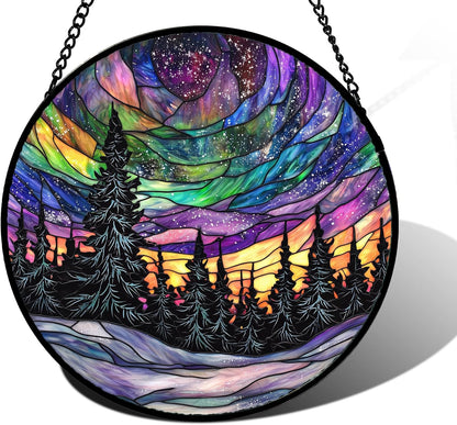 Stained Glass Window Hanging, Van Gogh Night Scene Sun Catchers Colorful Glass Panel Starry Sky Suncatcher Decor for Birthday for Women, Men, Wife, Aunt, and Mom 7.8 in