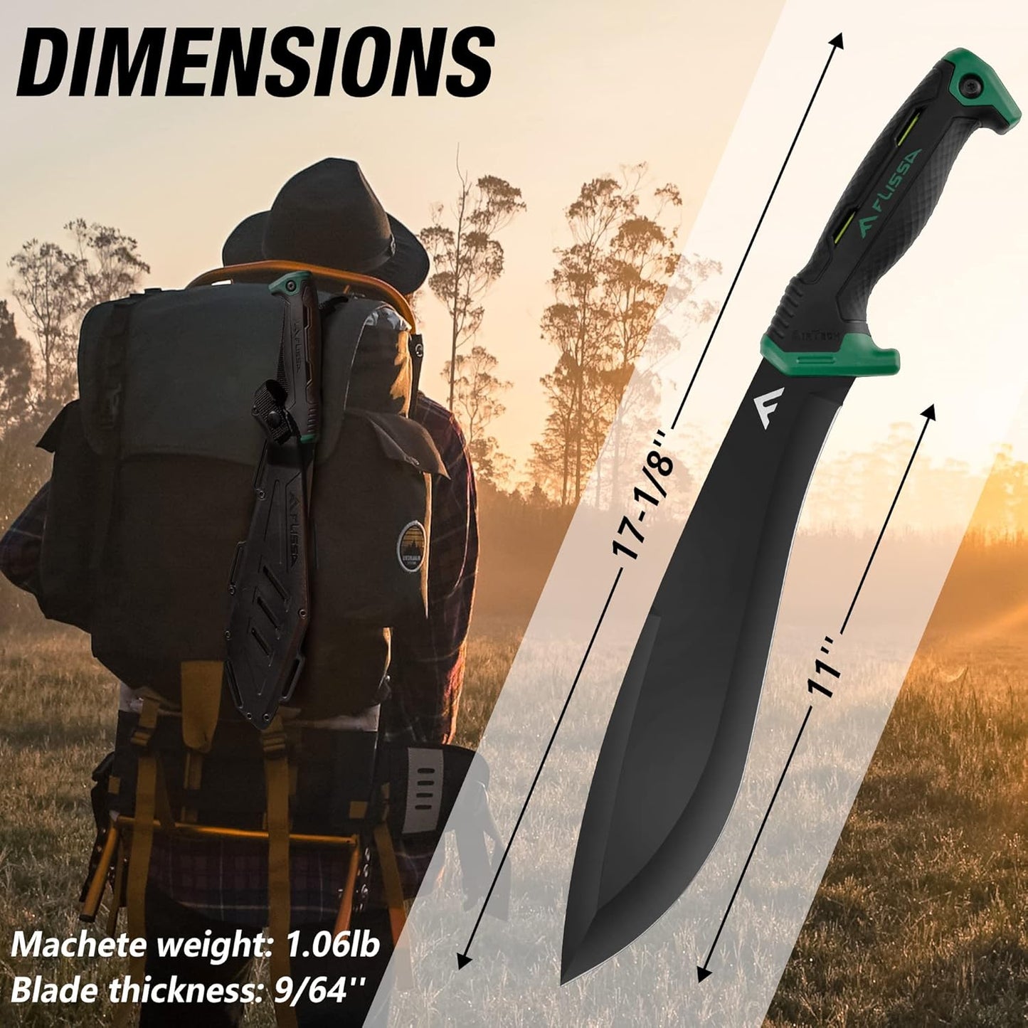 FLISSA Machete, 11'' Fixed Blade Camp Knife, Bolo Machete for Clearing Brush, Patented Shock Absorbing Air Tech Handle, Ideal for Gardening, Bushcraft and Outdoor, Molded Sheath Included