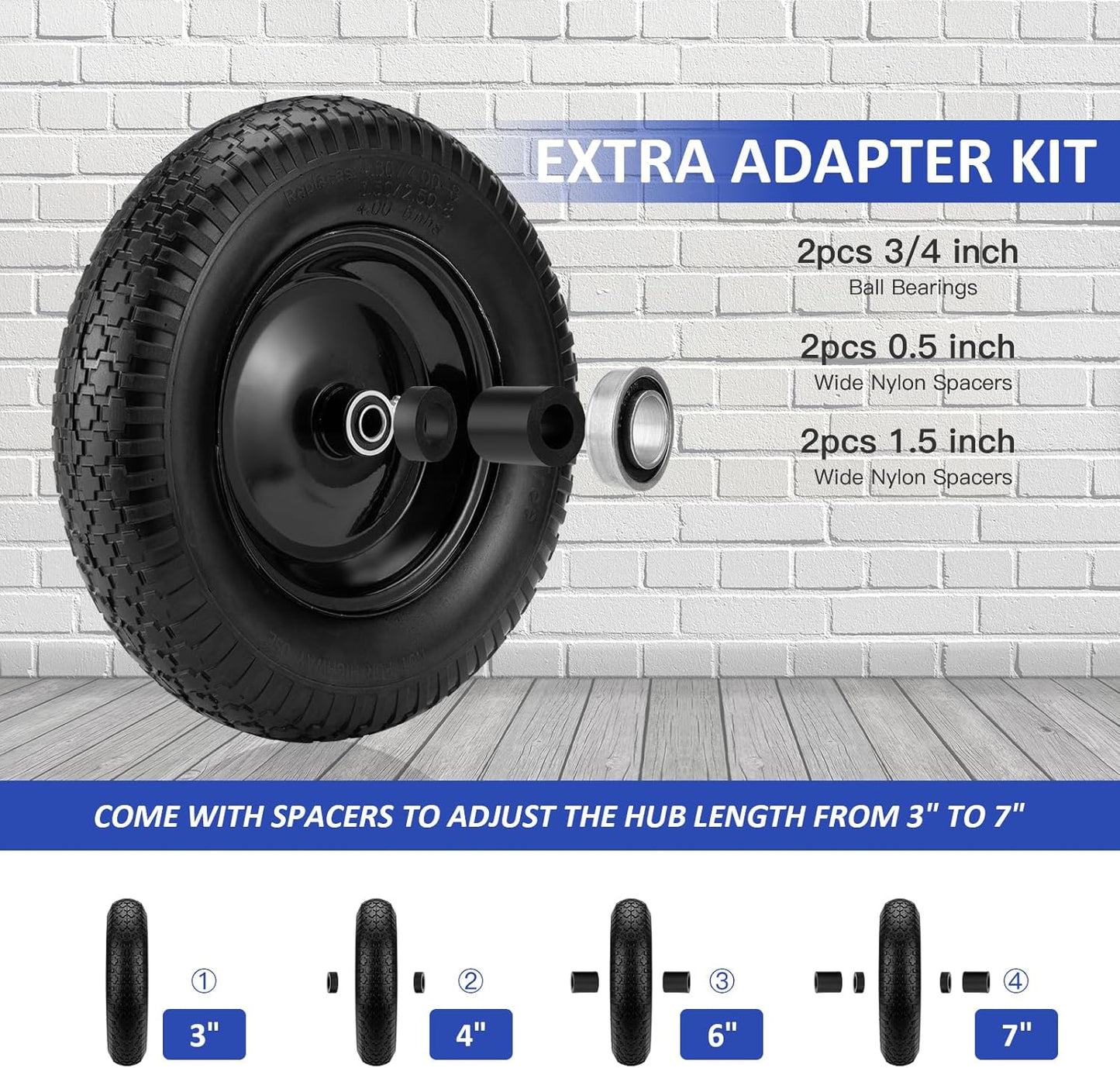 4.80/4.00-8" Flat Free Wheelbarrow Tire, 14.5" Wheel Size, 5/8" Axle Bore, 3" Center Hub, 3/4" Bearings, Universal Replacement Solid Tire for Hand Truck/Cart (Black)