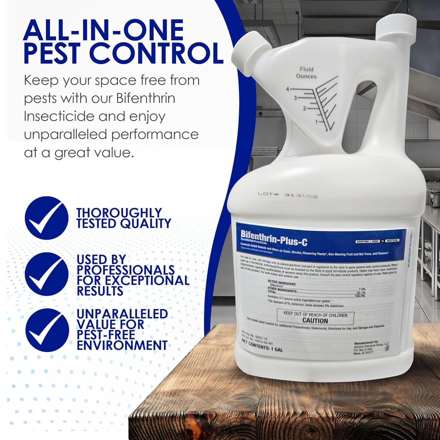 Bifenthrin-Plus-C Insecticide (1 Gal) - Roach Killer Indoor Infestation, Termite Treatment, Ant Control & Wasp Spray - Home Defense Pest Control, Residential, Commercial, and Industrial Use