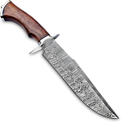 Handmade Damascus Bowie Knife 14″ Hunting Knife With Sheath - Fixed Blade Bushcraft Knife With Wood Handle - Ideal For Chopping, Camping Outdoor Use