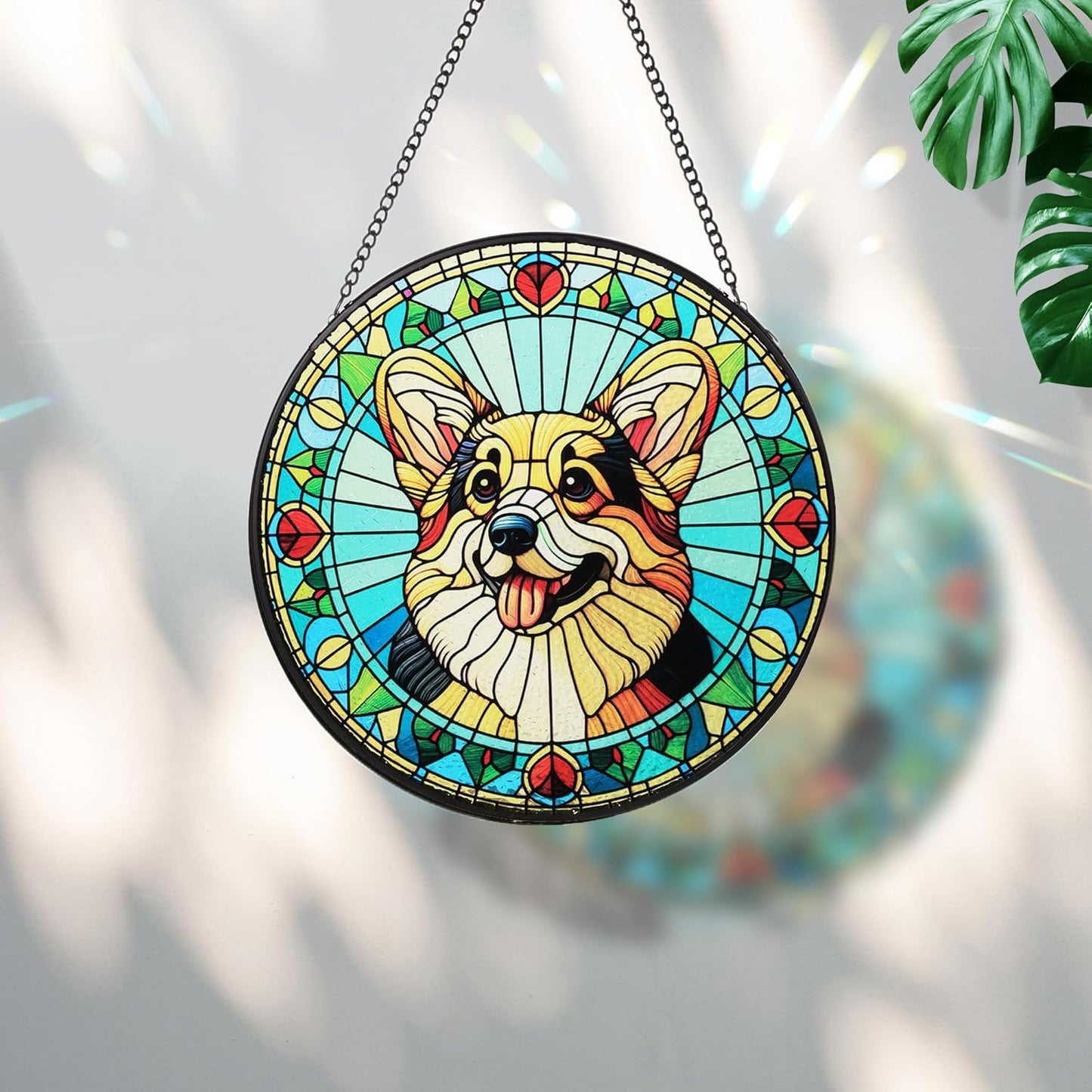 Stained Glass Dog Memorial Suncatcher,Corgi Window Hanging,Sympathy Gifts for Pet Loss,7.9 inch/20 cm Home and Garden Decor for Dog Lovers (Corgi)