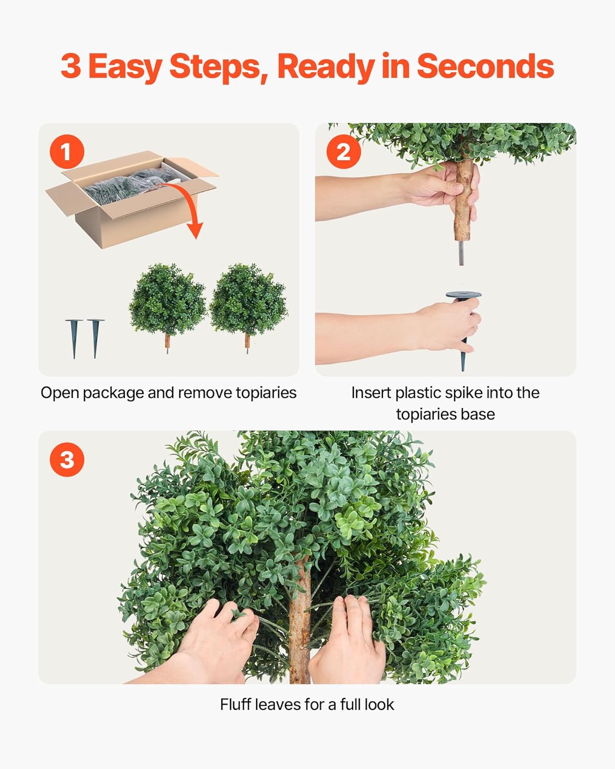 VEVOR Artificial Topiary Boxwood Trees with Ground Spike, 22 inch 2 Set Faux Shrubs & Bushes Potted Plants, Fake Silk Tree Look Real for Decor Front Porch Outdoor Indoor Patio Garden Balcony Backyard