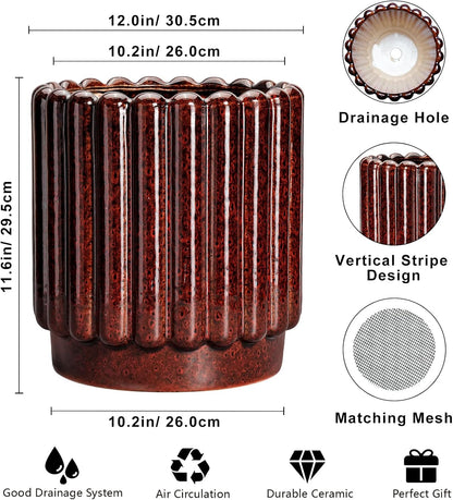 12 Inch Pots for Plants - Ceramic Planters for Indoor Plants, Large Plant Pots with Drainage Hole, Round Fluted Planter, Ceramic Flower Pot Outdoor, Room Decor, Gifts for Women Men, Red