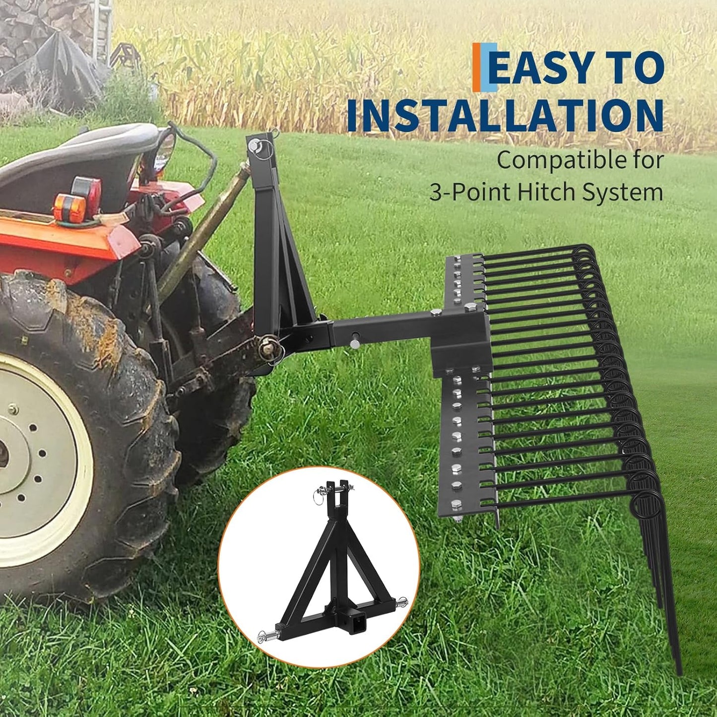 Pine Straw Rake, 48 Inch Landscape Rake for 2" Receiver, Fits Lawn Tractors & ATV/UTV | Heavy-Duty Powder Coated Steel Construction | Yellow
