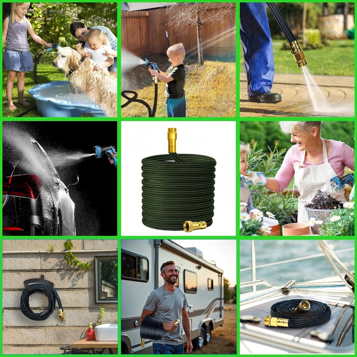 10FT Lightweight Garden Hose,Flexible Water Hose with Solid Brass Head,Kink-Free,Collapsible Hose,High Pressure Flat Water Hose for RV,Boat,Car Wash,Garden,Yard,Camper,Outdoor (GreenBlack, 10 feet)