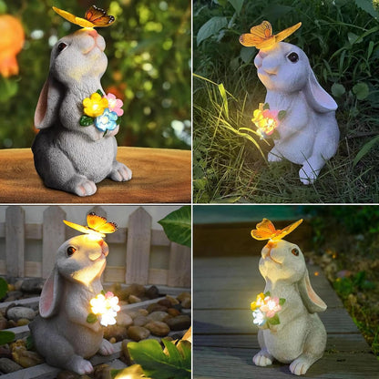 Solar Rabbit Outdoor Statues Garden Decor with Butterfly LED Lights Bunny Statue Decor for Patio Balcony Yard Lawn Ornament, Birthday Gardening Gifts for Mom Grandma Women