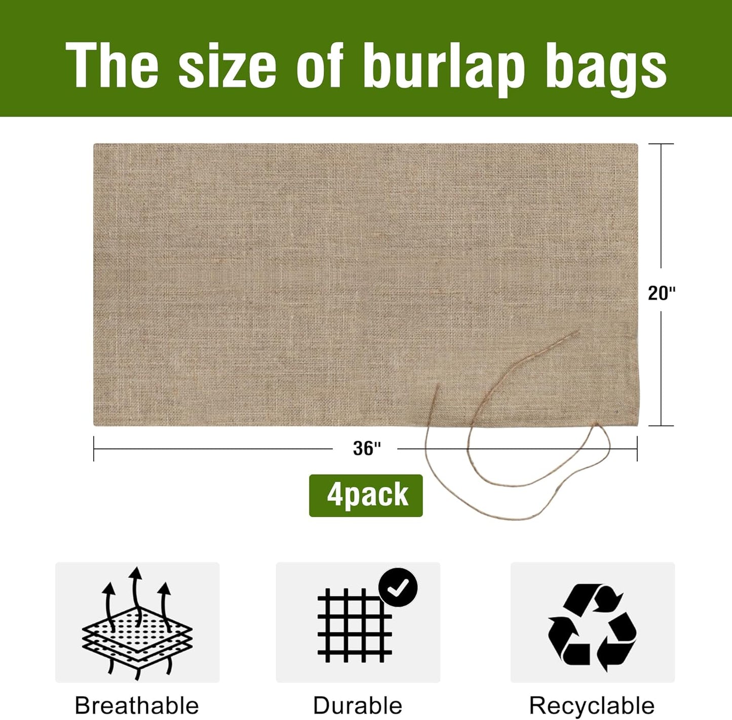 Agfabric Burlap Sacks 4pack 20"×36" Burlap Storage Bag with Strings, 100% Natural Jute, Reusable Potato Storage Bag for Food Storage Plant Gardening Planting, Food Grade, Set of 4