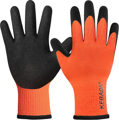 Kebada T3 Winter Work Gloves for Men and Women, Warm Knit Cold Weather Work Gloves, Thermal Insulated Freezer Gloves, 100% Latex Coating Non-slip Grip, Long Wrist Design, 1 Pair, Orange, Small
