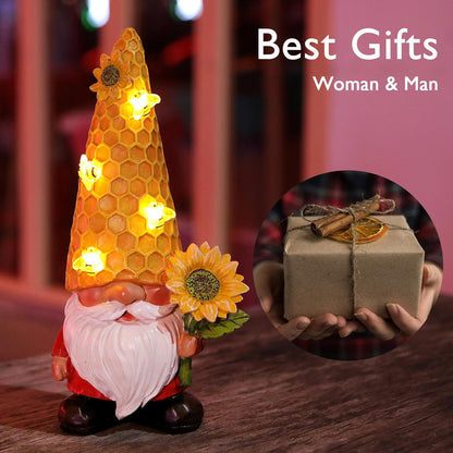 12.3''Garden Gnomes Outdoor Statues Clearance for Garden Decor with Solar Bee Lights,Christmas Gnomes Outdoor Decor - Sunflower Gifts for Women Mom,Yard Art Sculptures for Patio Lawn Yard