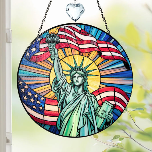 7.8"Patriotic Statue of Liberty Stained Glass Suncatcher, Red White Blue Window Hanging, 4th of
