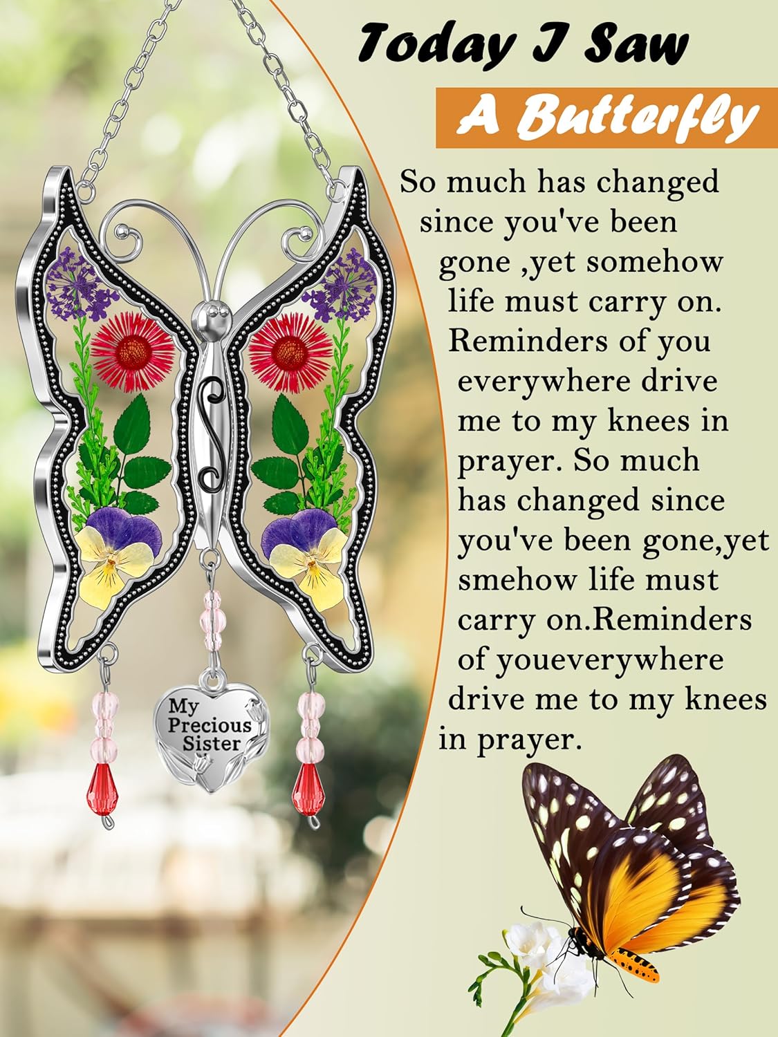 KY&BOSAM Butterfly Suncatcher Stained Glass Window Hanging Wind Chime with Real Flower Wings and Heart Charm Gift for Sister Mother's Day Birthday Christmas 1Pc Gifts Boxes Packing(My Precious Sister)