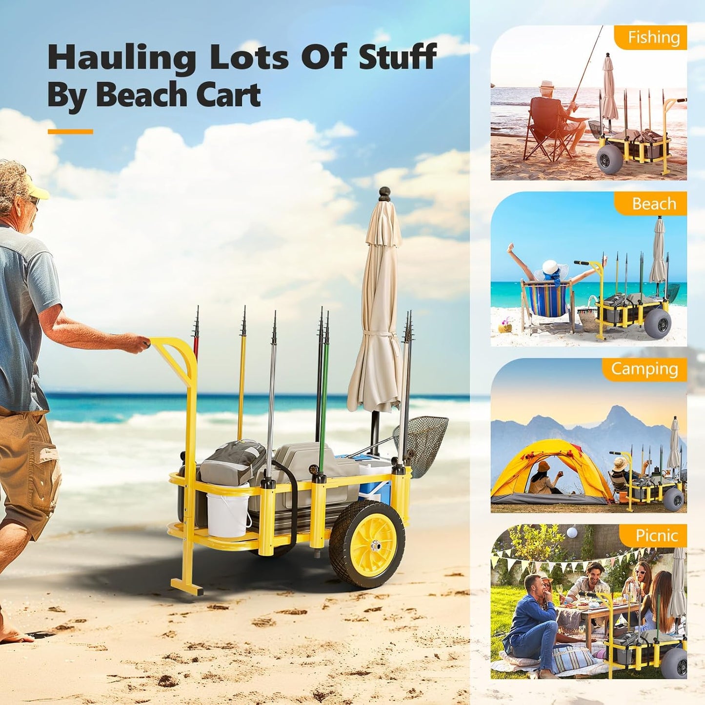 Bonnlo Beach Fishing Cart, Beach Wagon Trolley with 12" Big No-Flat Airless Tires, Foldable Beach Trailer with Large 36" x 16" Cargo Basket, 250 lbs Load Capacity, 7 Fishing Rods Holder