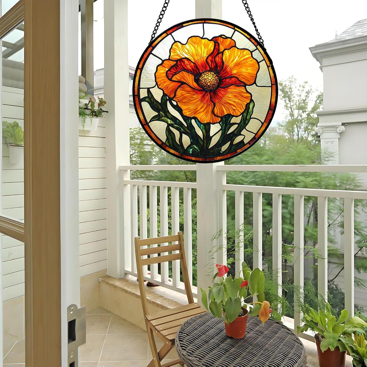 Stained Glass Window Hanging - Orange Poppy Birth Flower Suncatcher for Door Garden Yard Retro Sun Catchers Decor Christmas Mother's Day Birthday Gifts for Women Mom Nana Friend 11.8 in