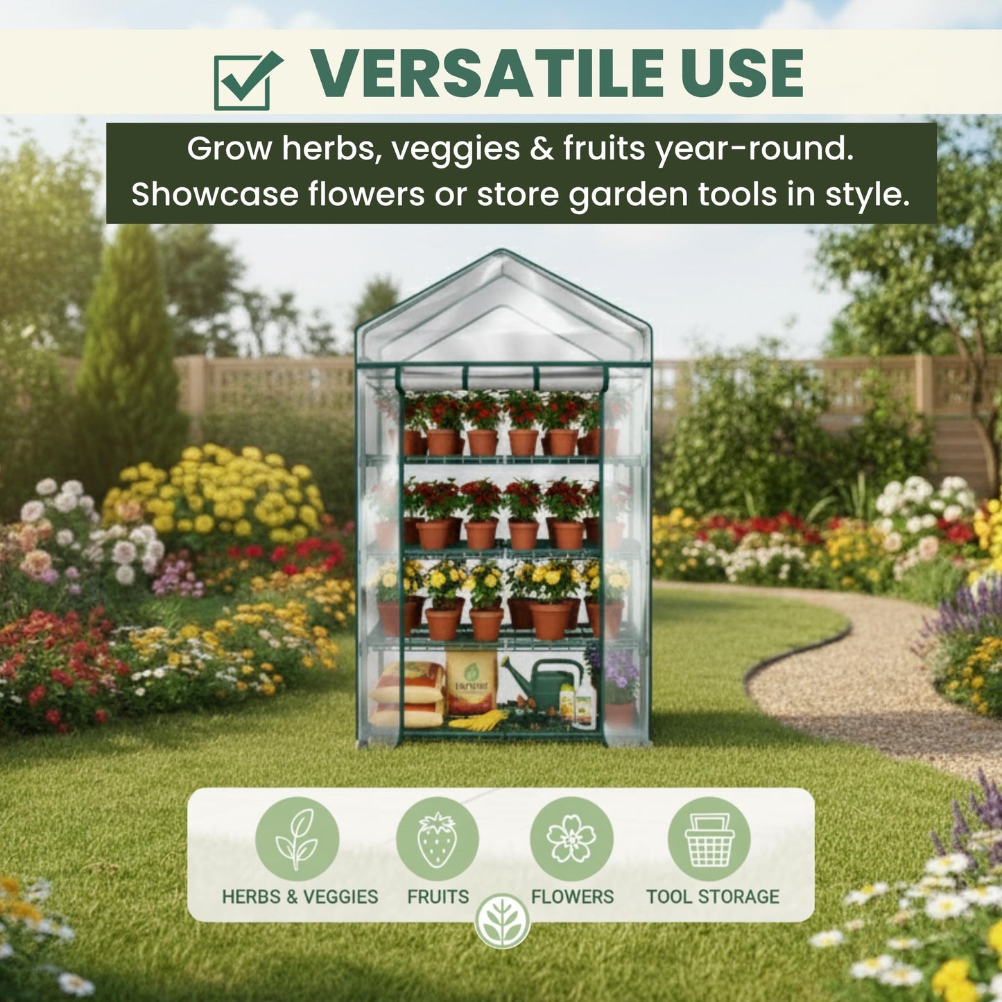 4 Tier Mini Greenhouse - Portable Greenhouse with Locking Wheels and PVC Cover for Indoor or