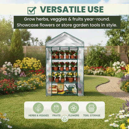 4 Tier Mini Greenhouse - Portable Greenhouse with Locking Wheels and PVC Cover for Indoor or