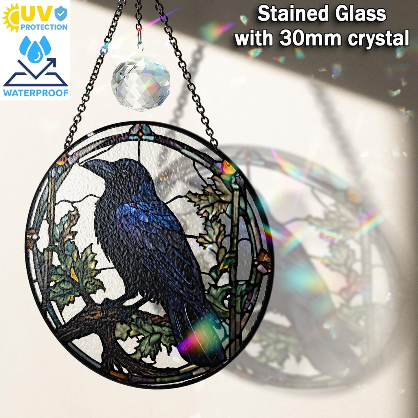 Crow Stained Glass Suncatchers Art Glass Raven for Sun Catcher Indoor Window Gifts for Pet Animal Nature Floral Lovers Women Grandma Mom Friend Painted Panel Décor
