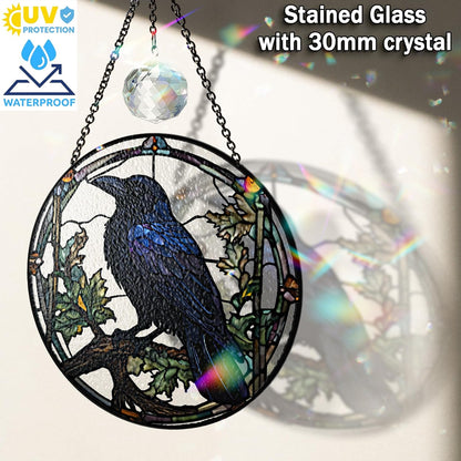 6" Crow Stained Glass Suncatchers Art Glass Ravens for Sun Catcher Indoor Gothic Gifts for Pet Animal Nature Floral Lovers Women Grandma Mom Friend Painted Panel Décor BIRD-04B-SG6