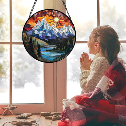 Stained Glass Window Hanging - Colorful Mountain Lake Landscape Sun Catcher for Door Garden Home Decor Suncatcher Christmas Mother's Day Birthday Gifts for Women Men Mom Nana 9.8 in