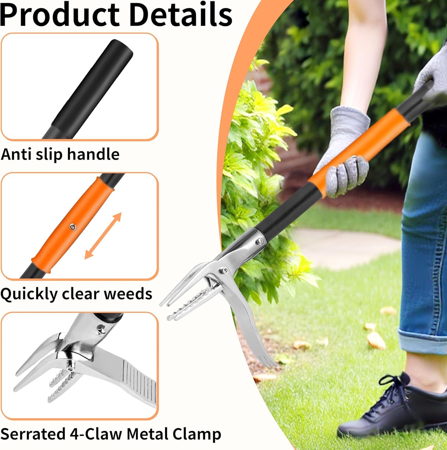 50” Weed Puller Tool, Heavy-Duty Weeder Tool with Long Handle, 4-Claw Metal Stand up Weeding Tool with Easy-Eject Mechanism for Crabgrass, Dandelion, Garden Tools for Seniors