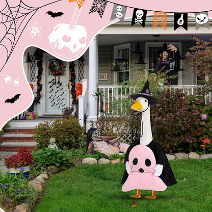 Sanwuta 1 Set Halloween Porch Goose Outfit Pink Ghost Pillow Design with Witch Hat for 23" Lawn Cement Goose Porch Geese Clothes Costume for Halloween Garden Patio Yard Outdoor Decorations
