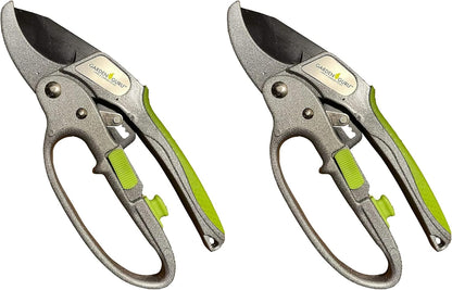 Garden Guru Ratchet Pruning Shears - Professional Garden Clippers with Ergonomic Grip and Brush - Makes Tough Cuts Easy (2 Pack)