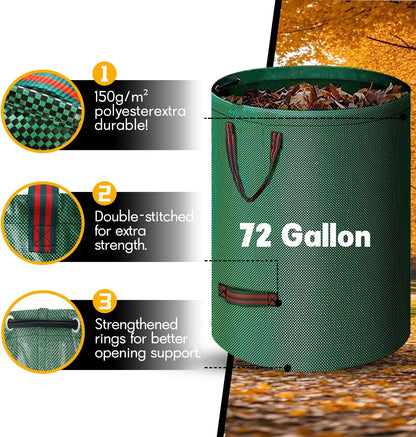 Reusable Yard Waste Bags - 3 Pack, 72 Gallon Lawn Bags with Reinforced Handles, Ideal for Grass, Leaves, and Yard Waste - Durable and Garden Waste Bags, Collapsible Lawn Leaf Bag, Leaf Bag Stand Up.