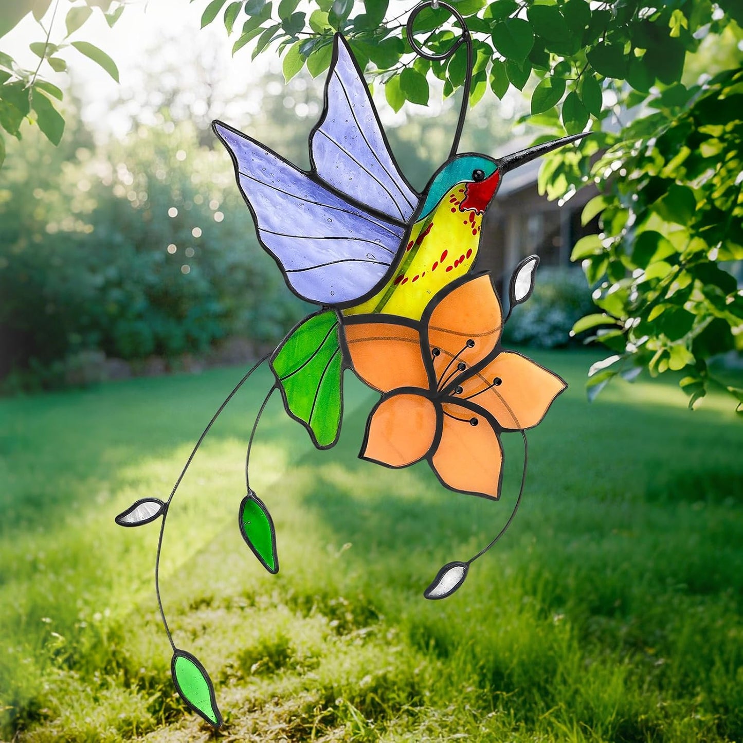 Handmade Stained Glass Hummingbird Suncatcher, Lavender-Purple Bird with Peach-Fuzz Flower Window Hanging Decor, Art Glass Ornament, Unique Gifts for Mom, Bird Lovers & Home Decoration