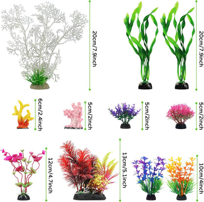 Aquarium Decorations Plants with Resin Coral, 12 pcs Fish Tank Accessories, Fish Tank Decorations Small Plants Plastic, Aquarium Decor Artificial Plant