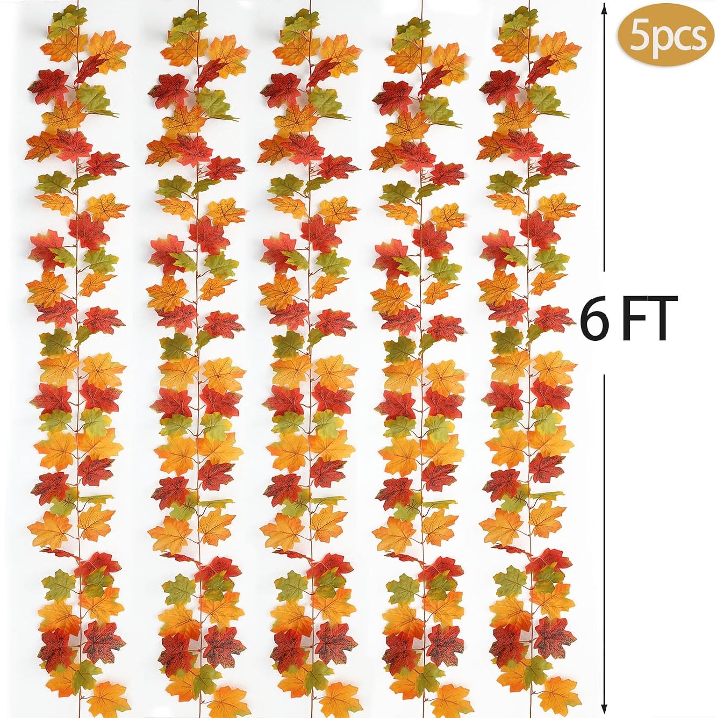 Mizii Fall Decor 5 Packs 390" Artificial Maples Vines Garland Fake Vine Fall Garland Silk Maple Leaves Faux Hanging Plants for Thanksgiving Porch Mantle Fireplace Farmhouse Harvest Decorations (Maple)